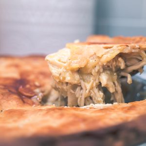 Slice of chicken pie with golden crust
